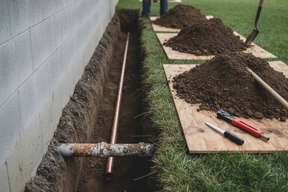 Excavated water line trench during Water Heater Repair in Hicksville